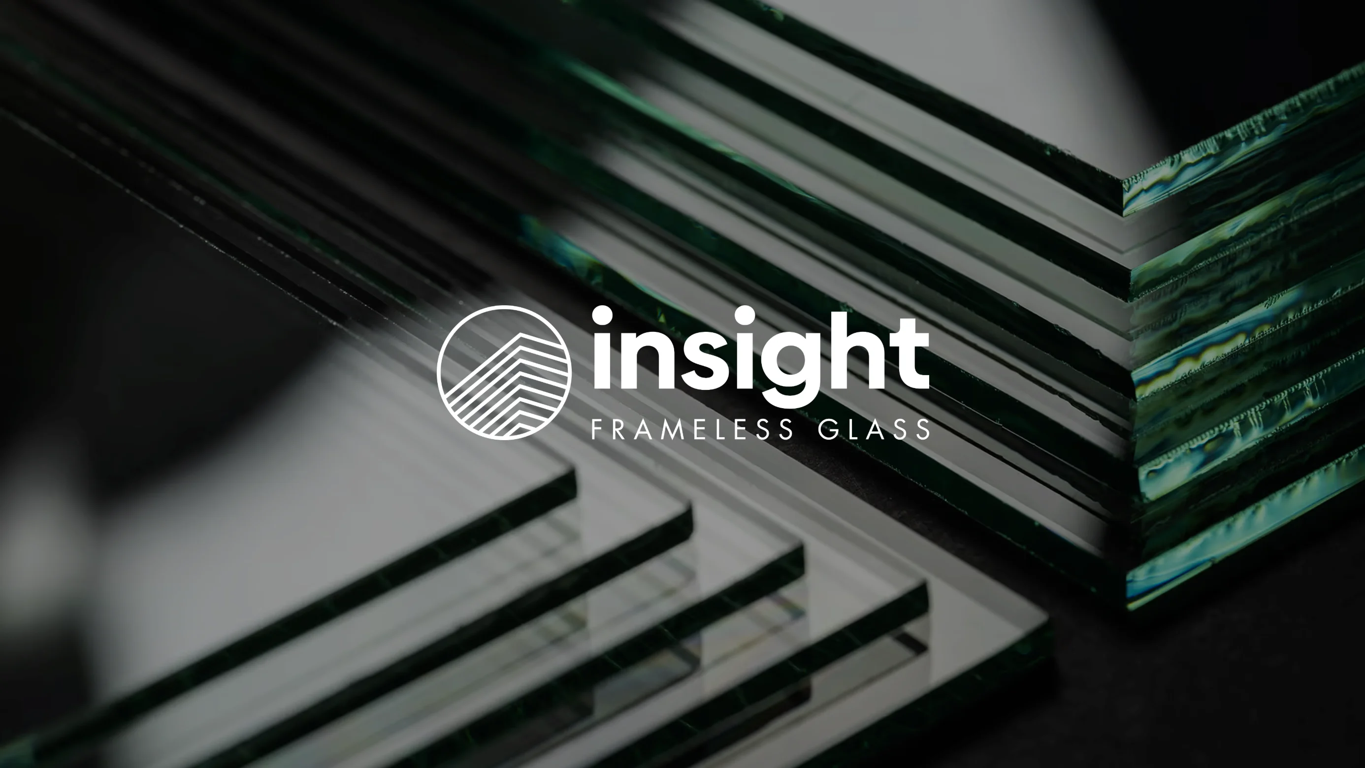 Insight Frameless Glass logo over stacked architectural glass sheets